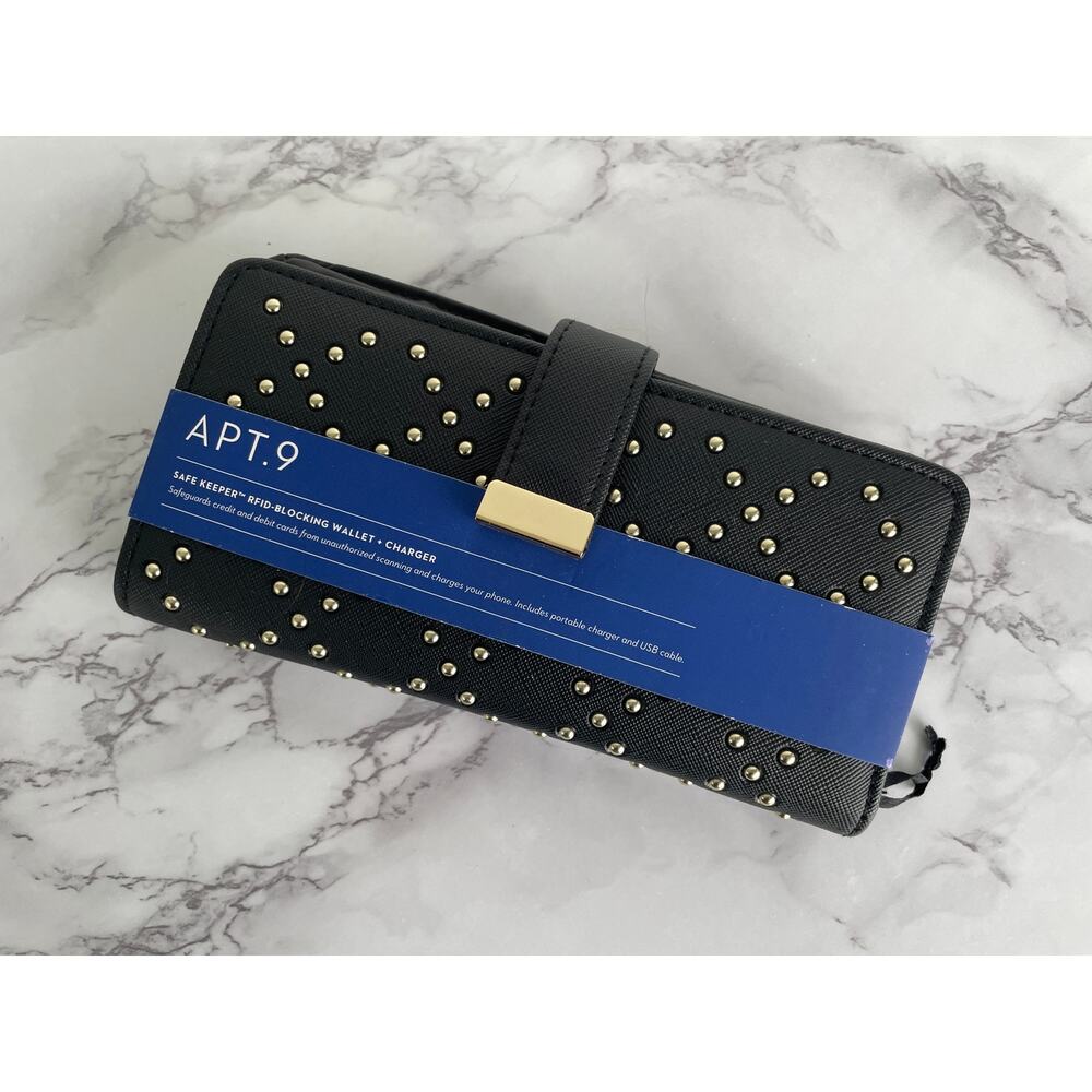 Apt. 9 Black and Gold Studded RFID Wallet w/ Phone Charger ✨ BNWT